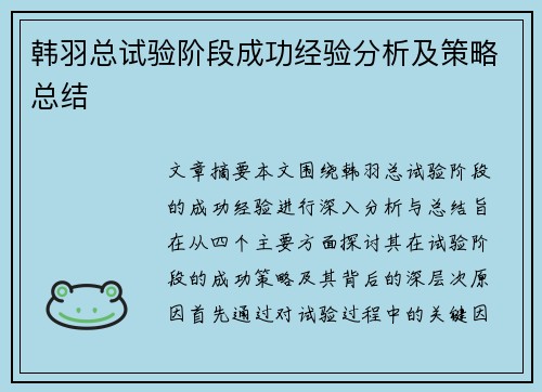 韩羽总试验阶段成功经验分析及策略总结