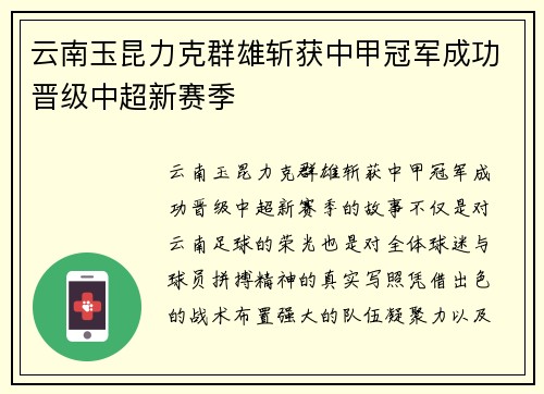 云南玉昆力克群雄斩获中甲冠军成功晋级中超新赛季