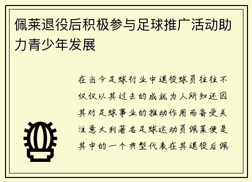 佩莱退役后积极参与足球推广活动助力青少年发展